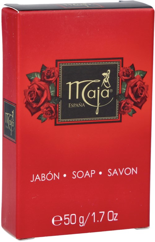 A red box soap package with roses and a black and gold label featuring the word 'Maja'.