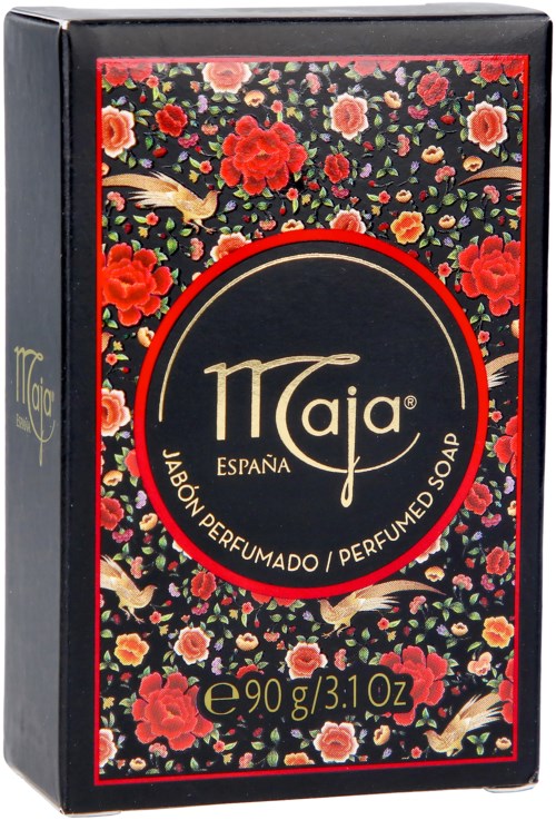 A soap box featuring floral patterns and a black background with red, pink, and green flowers, and a central black circle with gold and red text.