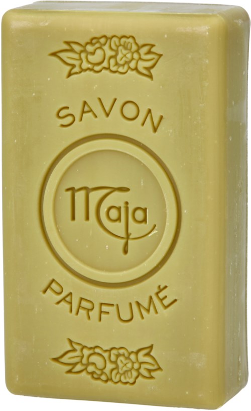 A pale yellow soap bar with floral and text decor, including words "SAVON," "PARFUMÉ," and a central logo.