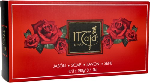 A red soap box with roses and black label, showing the brand name 'Maja' and soap details in multiple languages.