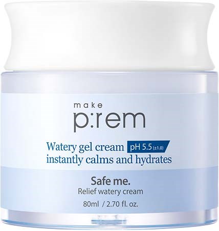 Ein Glas Watery Gelcreme mit der Aufschrift 'Safe me' zur Beruhigung und Befeuchtung der Haut, pH 5,5 bis 6,0.