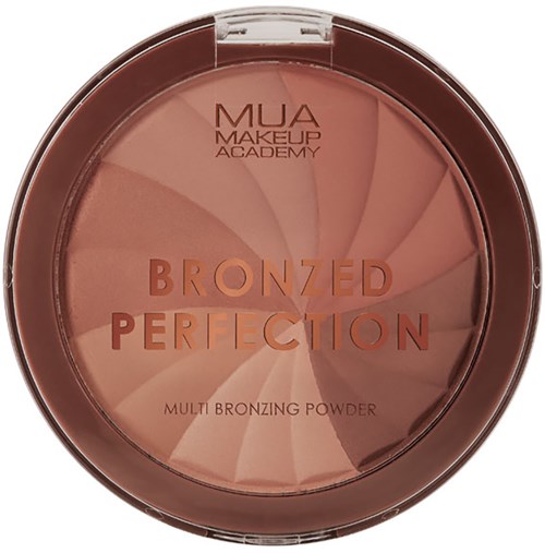Round makeup case with brown and peach tones, labeled 'BRONZED PERFECTION' for multi bronzing powder.