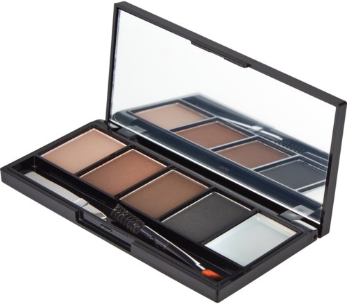 Makeup-Palette mit fünf Farben und Pinsel in einem schwarzen Gehäuse mit Spiegel.