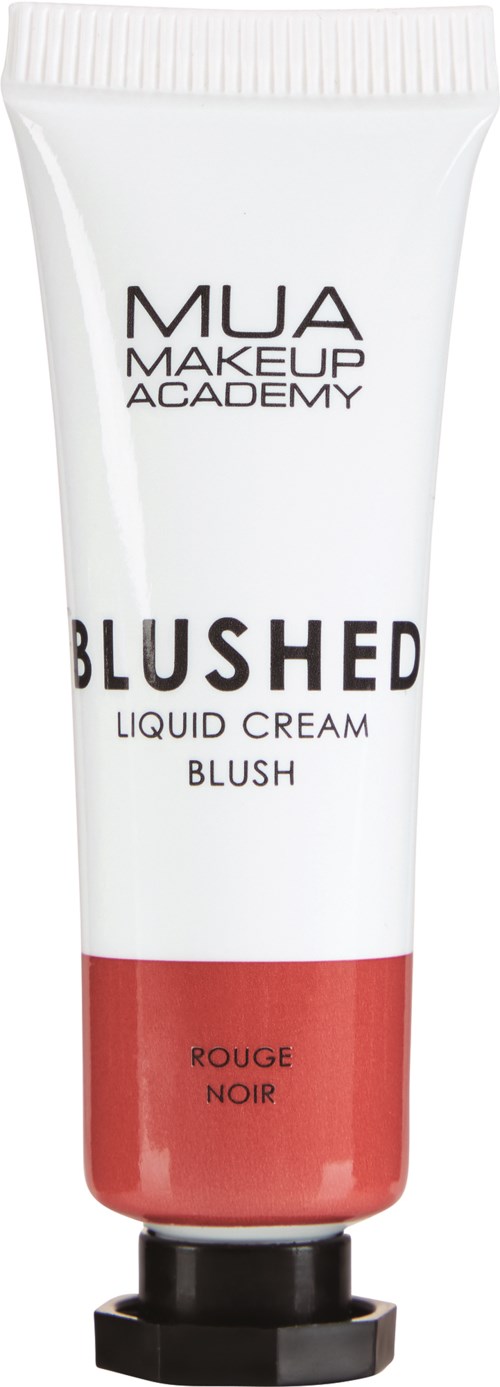 En hvit tube med flytende blush fra MUA Makeup Academy, merket 'Blushed', med en rød bunn og svart lokk.
