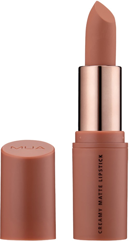 A nude-colored lipstick in a rose gold case, with the cap removed showing the bullet shaped lipstick.