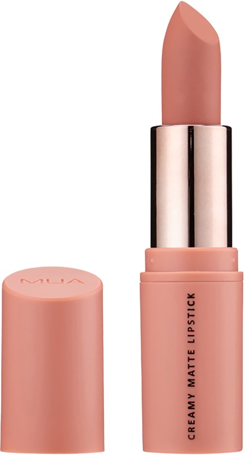 A nude-colored lipstick in a pink tube with a silver band, labeled 'CREAMY MATTE LIPSTICK'.