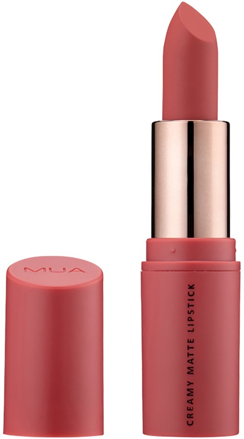 Pink lipstick in a tube, with the cap removed, showing the lipstick inside.