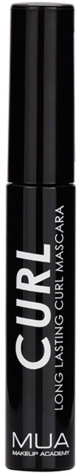 En svart tube med hvit tekst som reklamerer for langvarig krøllete mascara. Merket er MUJA.