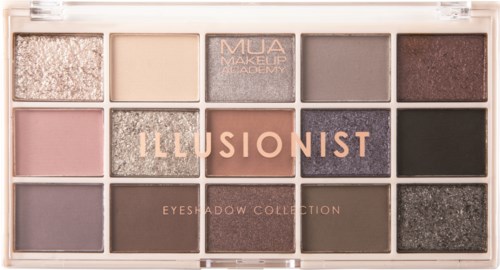 En ögonskuggspalett med 16 olika skuggnyanser i ett plastfodral, märkt "ILLUSIONIST" och "EYESHADOW COLLECTION."
