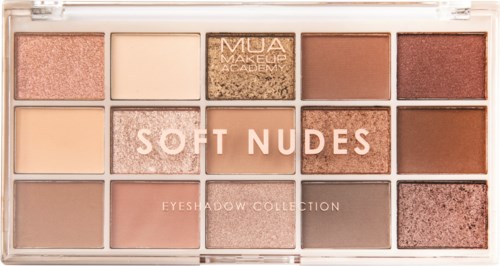 En makeup-palett med 15 nyanser av beige, rosa och brunt, märkt "Soft Nudes" och "Eyeshadow Collection."