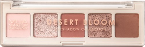 Meikkipalette, jossa on viisi sävyä rosoa ja ruskeaa, nimeltä Desert Bloom, läpinäkyvässä kotelossa.