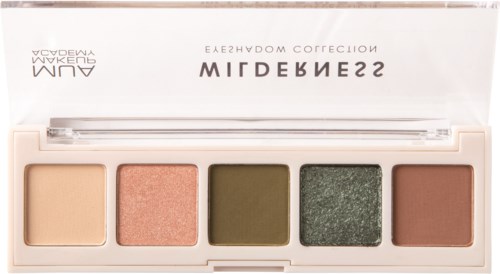 En sminkpalett med fem ögonskuggfärger: beige, rosa, grönt, mörkgrönt och brunt.
