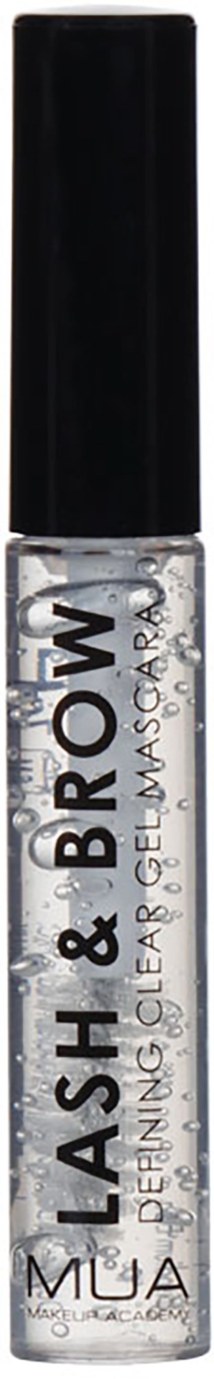 Läpinäkyvä ripsiväri putkilossa, jossa musta kansi, merkinnät 'Lash & Brow' ja 'MUA'.