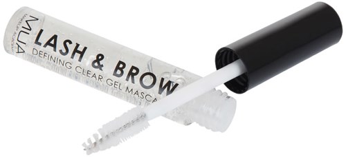 Valkoinen putki, jossa musta kansi, ja siinä on harjallinen sivelykumi, merkintä 'Lash & Brow Gel Mascara'.