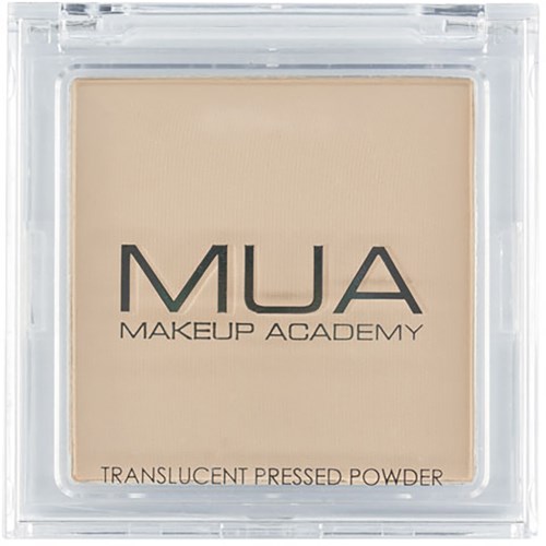 A beige pressed powder in a clear compact with black text, labeled MUA Makeup Academy, Translucent Pressed Powder.