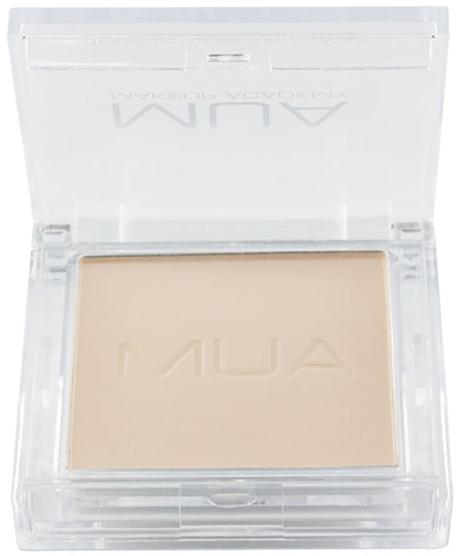 A beige powder in a clear plastic compact with the brand name "ALU" embossed.
