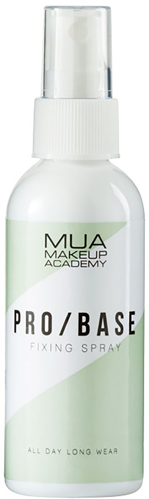 Valkoinen suihkepullo, jossa on kirkas korkki, merkitty 'PRO/BASE FIXING SPRAY' MUA Makeup Academy.