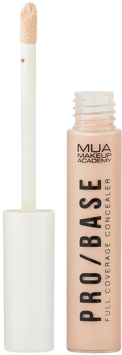 Beige kiiltopeiteaineputki, jossa valkoinen harja, merkitty 'PRO BASE' ja 'MUA Makeup Academy'.