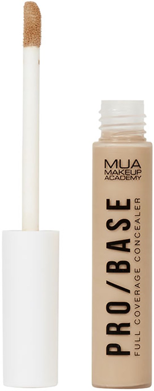 Beige peiteväriöße, jossa valkoinen suojus ja sieniapplikaattori, merkiltään 'PRO BASE' MUA Makeup Academy.
