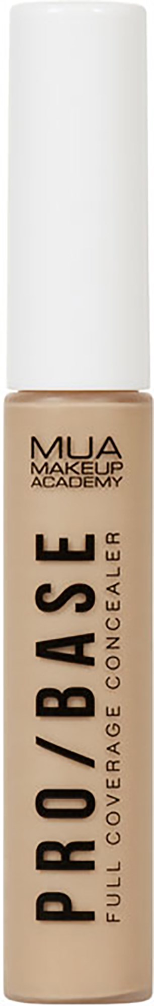 Beige nestemäinen peiteaine putkassa, jossa valkoinen korkki, merkiltään 'PROBASE' MUA Makeup Academy.