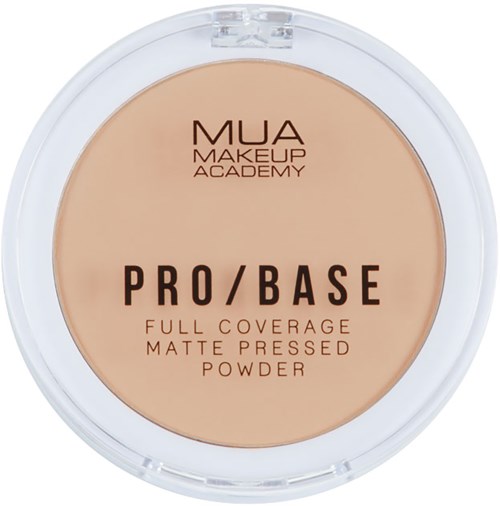Pehmeä kannellinen rasia, jossa beige jauhe 'PRO/BASE' täyteen peittoon, mattapuhallettu jauhe, MUA Makeup Academy.