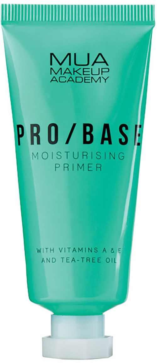 A teal tube of MUA Makeup Academy Pro/Base Moisturizing Primer with vitamins A & E and tea-tree oil.