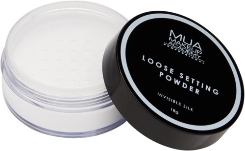 A round black container of loose setting powder from MUHA Makeup Academy, labeled 'invisible silk,' with a clear lid.