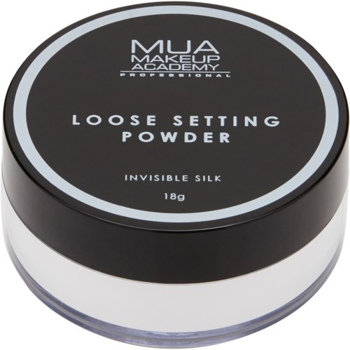 A round black container labeled 'Loose Setting Powder' from MUA Makeup Academy, with a transparent base and silver edge.