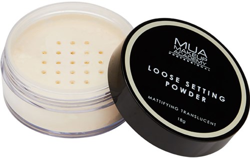 A round black container with a clear lid. It holds loose, translucent matte setting powder for the face.