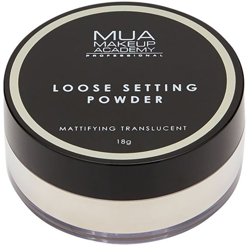 A round container with a black top and white bottom, labeled 'Loose Setting Powder' by MUA Makeup Academy.