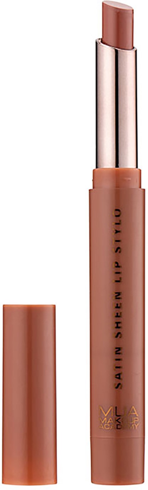A lipstick with a beige shade, labeled 'Saving Super Nude,' has a cap and is partially opened showing the product.