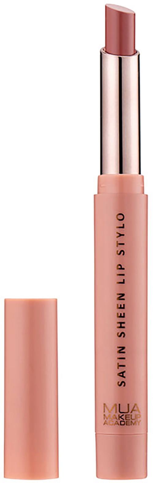 A lipstick with a pink body and a metallic cap, labeled 'Satin Sheen Lip Stylo' from MUA.