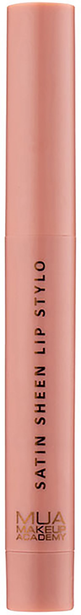 A pink cylindrical tube with black text that says 'SATIN SHEEN LIP STYLO' and 'MUA MAKEUP ACADEMY'.