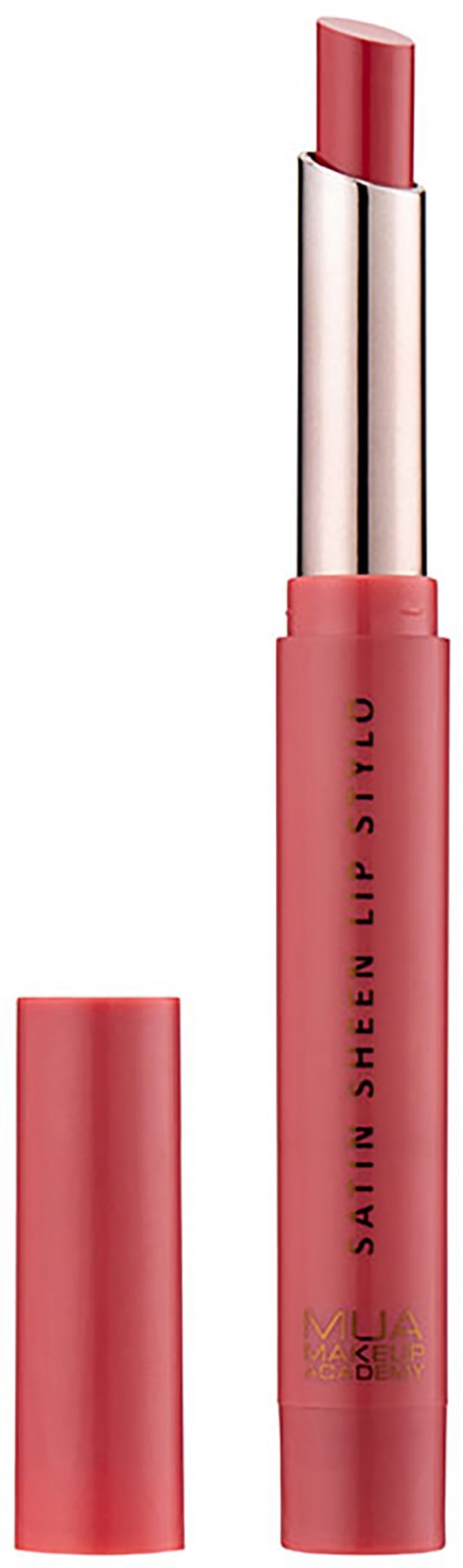 A pink lipstick with a silver tube, partially opened, showing the lipstick inside.