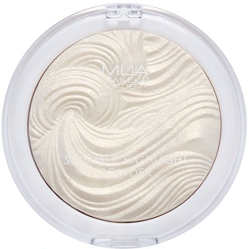 En rund highlighter med bølgemønster, merket 'MUA MAKEUP ACADEMY', i et gjennomsiktig plastetui.