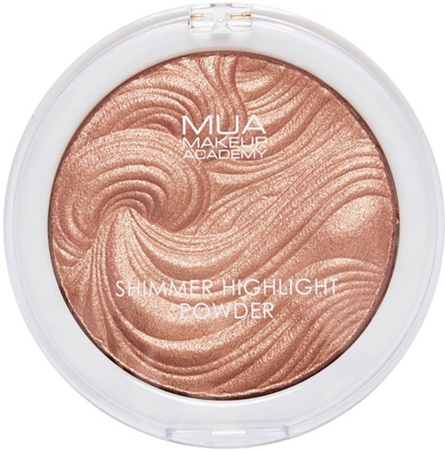 En rund sminke kompak med en svevende, skimrende ferskenfarget highlighter inni. Tekstene 'MUA Makeup Academy' og 'Summer Highlight Powder' er på overflaten.