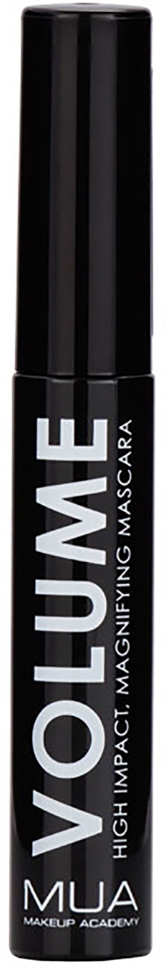 Musta ripsiväritölkki, jossa on valkoinen teksti, lukee "VOLUME" ja "High Impact, Magnifying Mascara".