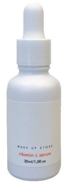 En liten vit flaska med pipettlock märkt ' C-vitamin serum' och '30ml' framtill.