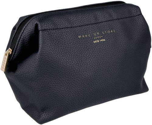 Eine schwarze, strukturierte Tasche mit goldener Reißverschluss und goldener Beschriftung "MAKE UP STORE."