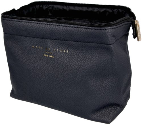 Schwarze Make-up-Tasche mit goldfarbenem Reißverschluss und kleiner goldener Schrift, strukturierte Oberfläche, geräumig.