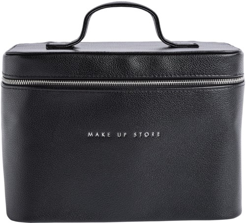 A black makeup kit with a handle, zipper, and the words 'MAKE UP STORE' on the front.