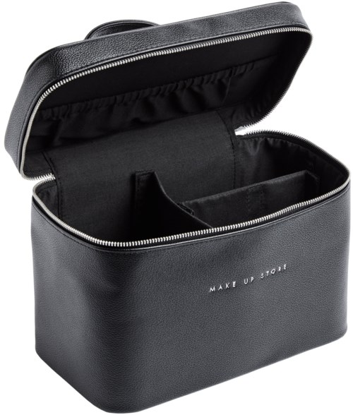 A black makeup bag with an open zipper, showing a spacious interior and one small pocket inside.