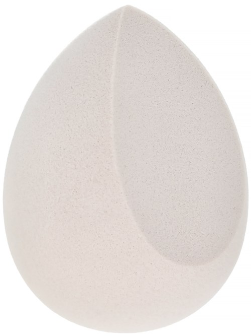 Een witte eivormige spons met een gespikkelde oppervlakte en een puntige top.