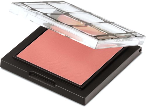 En rouge i svart fodral med ett klart lock, visar rosa puder för ansiktsmakeup.