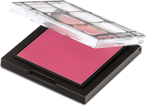 En rosa blush med genomskinlig lock på en svart botten, visar sex makeup-skuggor inuti.