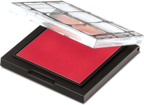 En rosa blush i en svart kompakt med ett tydligt lock. Locket har sex små ögonskuggssektioner.
