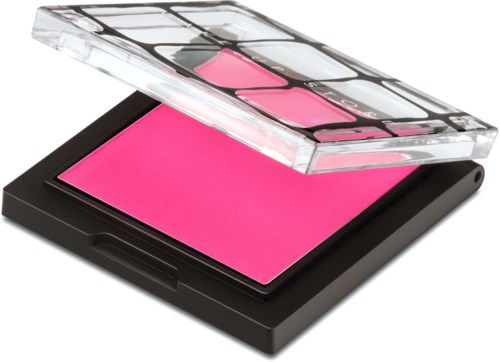 En makeuppalett med rosa rouge och flera ögonskuggor i ett transparent lock.