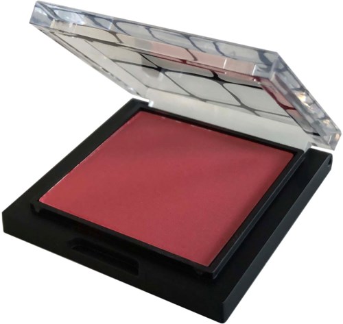 En makeuprouge-kompakt med svart bas och tydligt lock, innehållande rosa rouge.