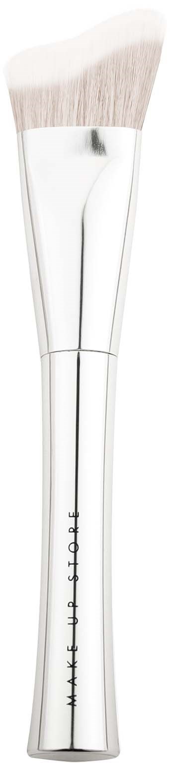A white makeup brush with soft bristles and a sleek handle.
