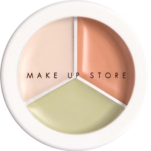 A round palette with three sections containing beige, brown, and green shades. The words 'MAKE UP STORE' are in the middle.